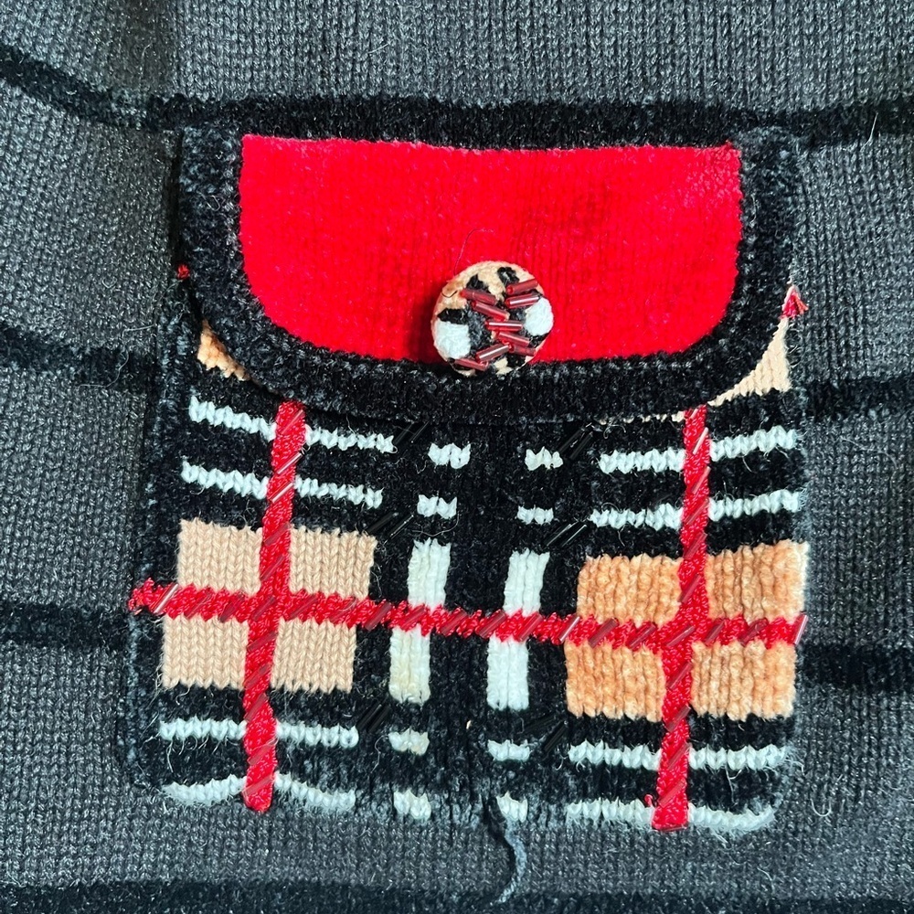 Vintage Jack B Quick Whimsical Retro Black Cardigan Candy Cane plaid multi trim - Picture 5 of 8